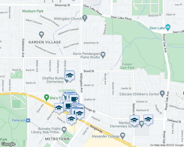 map of restaurants, bars, coffee shops, grocery stores, and more near 5433 Elsom Avenue in Burnaby