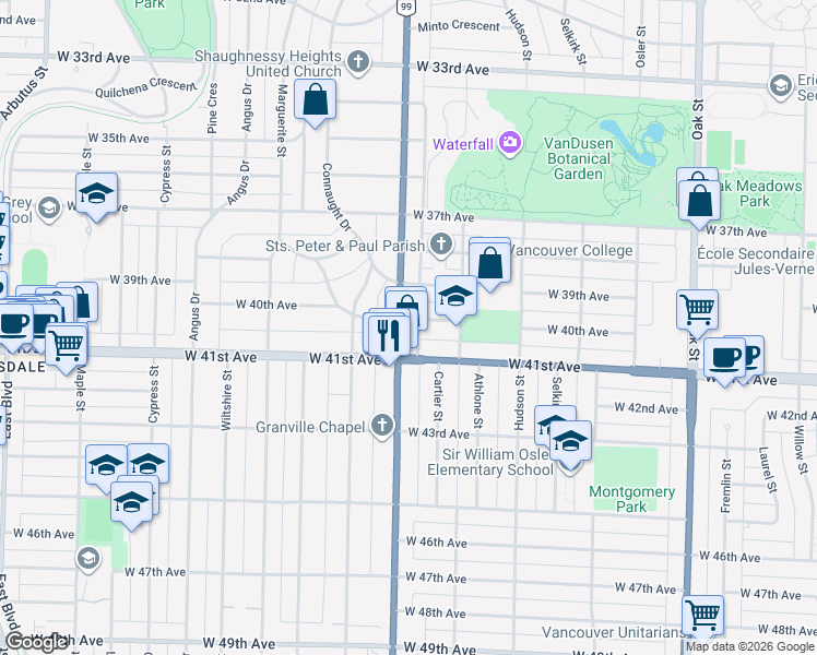 map of restaurants, bars, coffee shops, grocery stores, and more near 1494 West 40th Avenue in Vancouver
