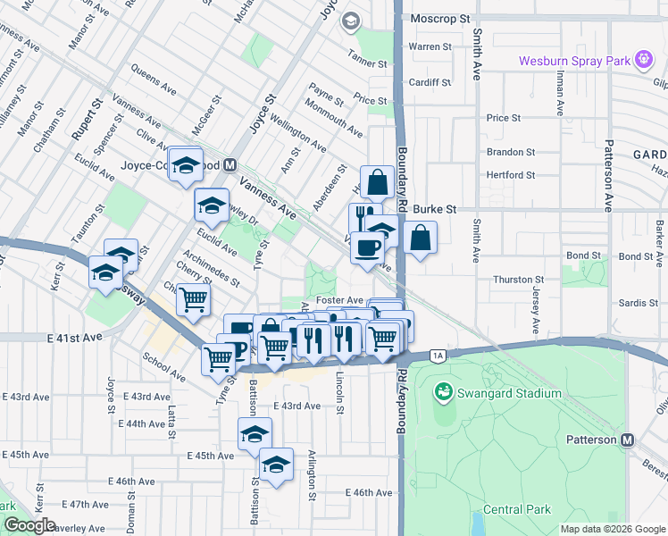 map of restaurants, bars, coffee shops, grocery stores, and more near 5740 Oben Street in Vancouver
