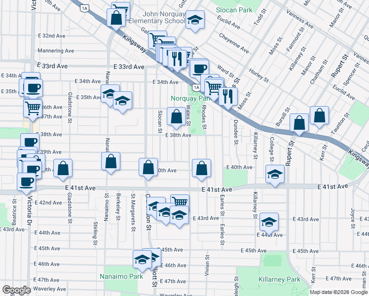 map of restaurants, bars, coffee shops, grocery stores, and more near 5477 Wales Street in Vancouver