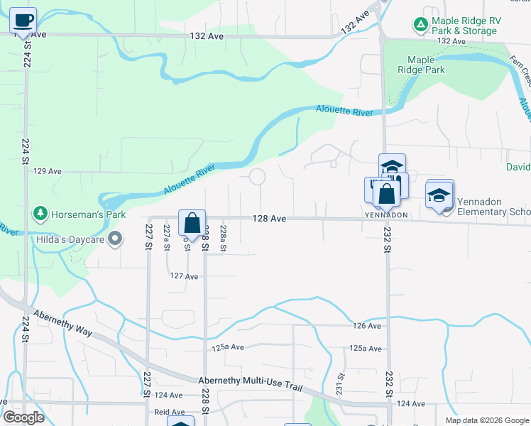 map of restaurants, bars, coffee shops, grocery stores, and more near 22948 128 Avenue in Maple Ridge
