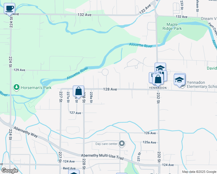 map of restaurants, bars, coffee shops, grocery stores, and more near 22939 128 Avenue in Maple Ridge