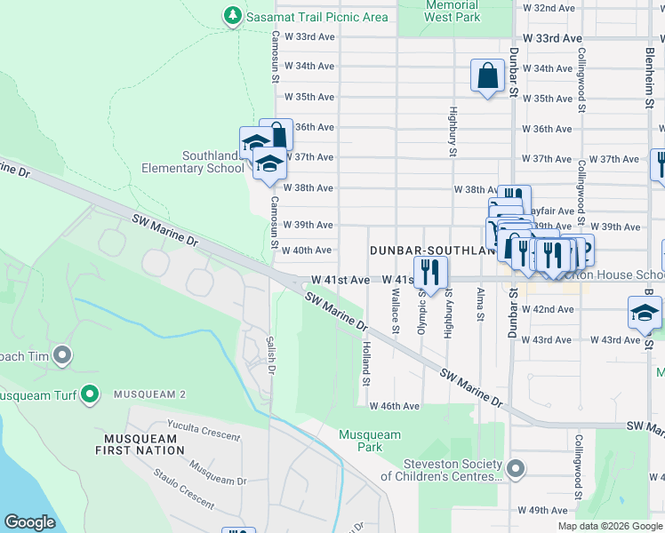 map of restaurants, bars, coffee shops, grocery stores, and more near 5669 Crown Street in Vancouver