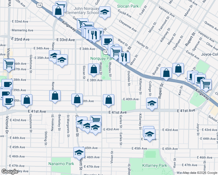 map of restaurants, bars, coffee shops, grocery stores, and more near in Vancouver