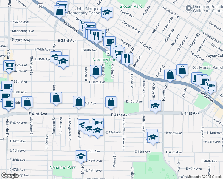 map of restaurants, bars, coffee shops, grocery stores, and more near 5461 Rhodes Street in Vancouver
