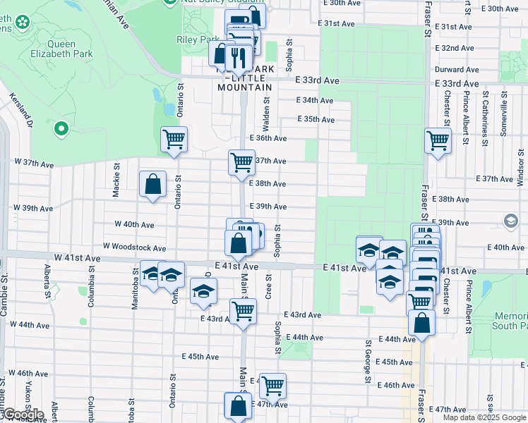 map of restaurants, bars, coffee shops, grocery stores, and more near 250 East 39th Avenue in Vancouver