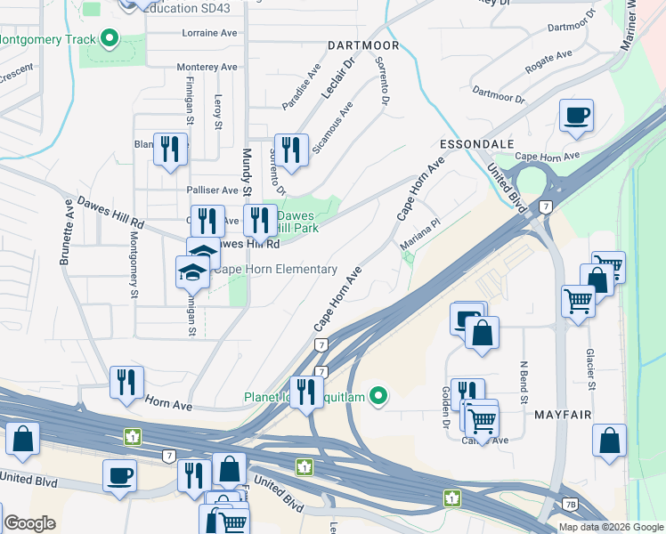 map of restaurants, bars, coffee shops, grocery stores, and more near 197 Warrick Street in Coquitlam