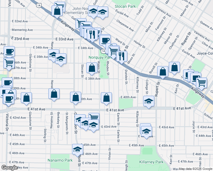 map of restaurants, bars, coffee shops, grocery stores, and more near 5459 Rhodes Street in Vancouver