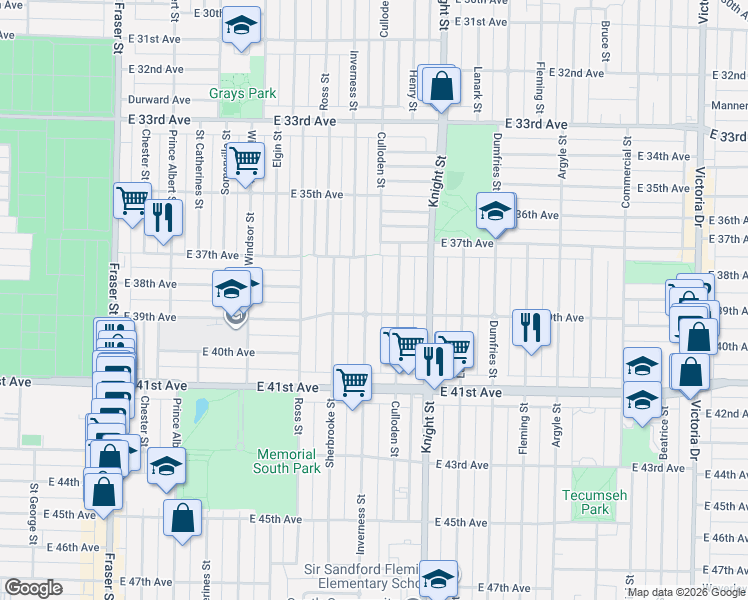 map of restaurants, bars, coffee shops, grocery stores, and more near 5454 Inverness Street in Vancouver