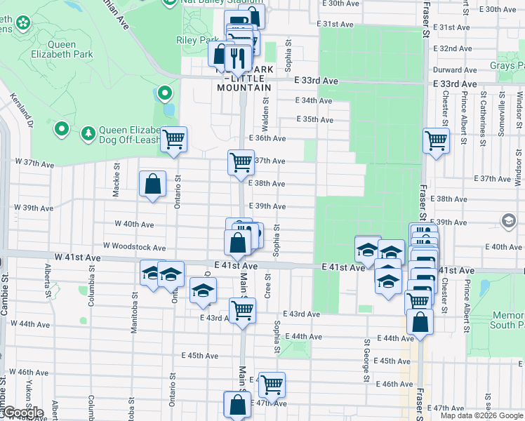 map of restaurants, bars, coffee shops, grocery stores, and more near 250 East 39th Avenue in Vancouver