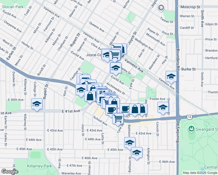 map of restaurants, bars, coffee shops, grocery stores, and more near in Vancouver