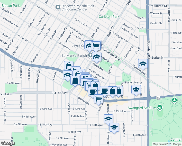 map of restaurants, bars, coffee shops, grocery stores, and more near 3334 Archimedes Street in Vancouver