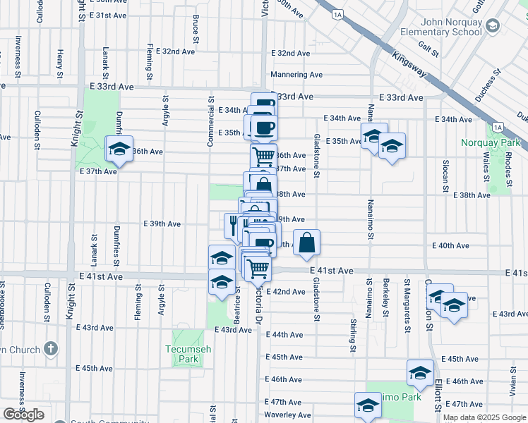 map of restaurants, bars, coffee shops, grocery stores, and more near 5470 Victoria Drive in Vancouver