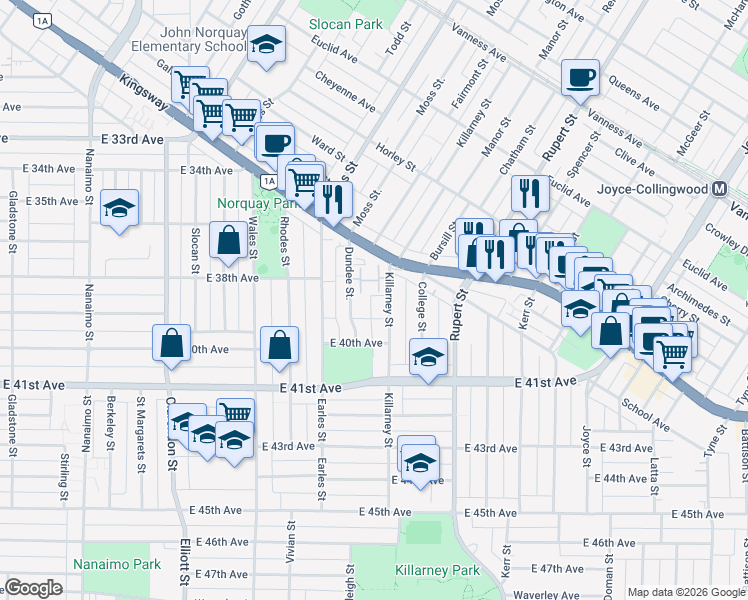 map of restaurants, bars, coffee shops, grocery stores, and more near 5449 Killarney Street in Vancouver