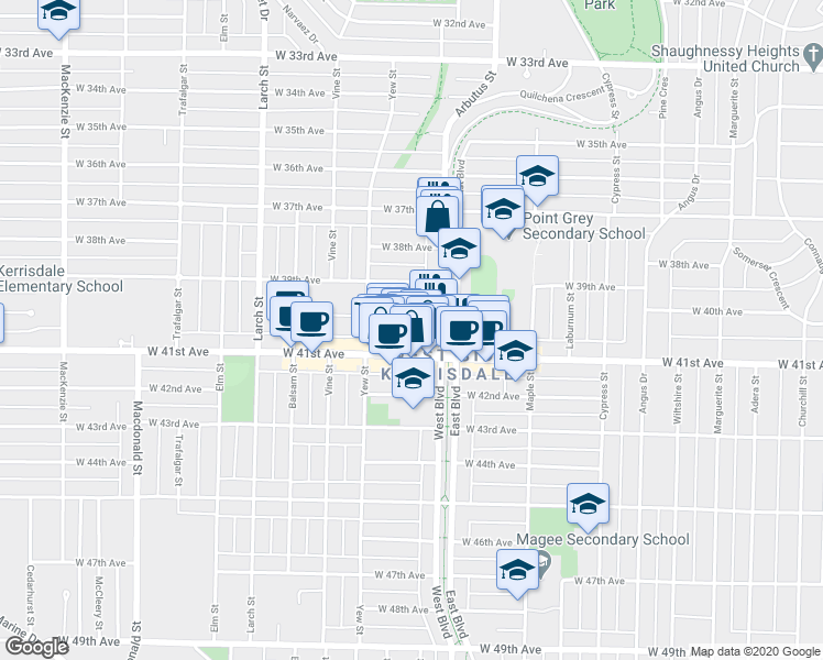 map of restaurants, bars, coffee shops, grocery stores, and more near 2150 West 40th Avenue in Vancouver