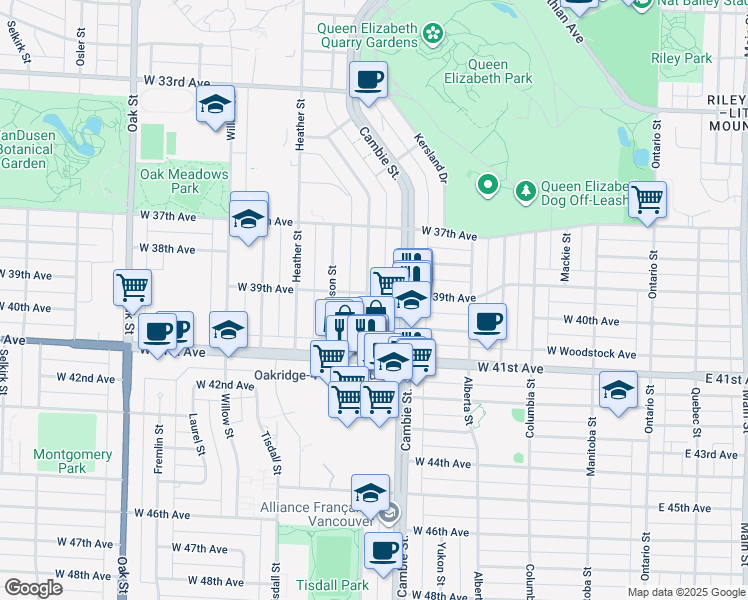 map of restaurants, bars, coffee shops, grocery stores, and more near 5514 Ash Street in Vancouver