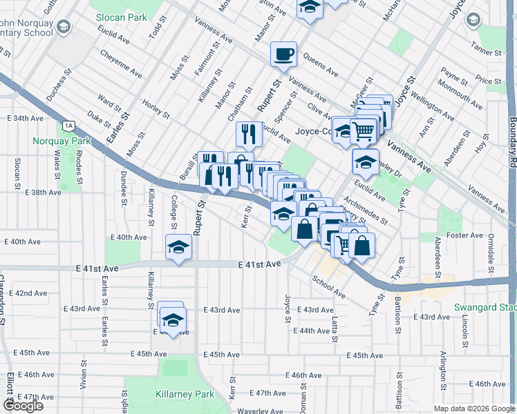 map of restaurants, bars, coffee shops, grocery stores, and more near 3136 Kingsway in Vancouver