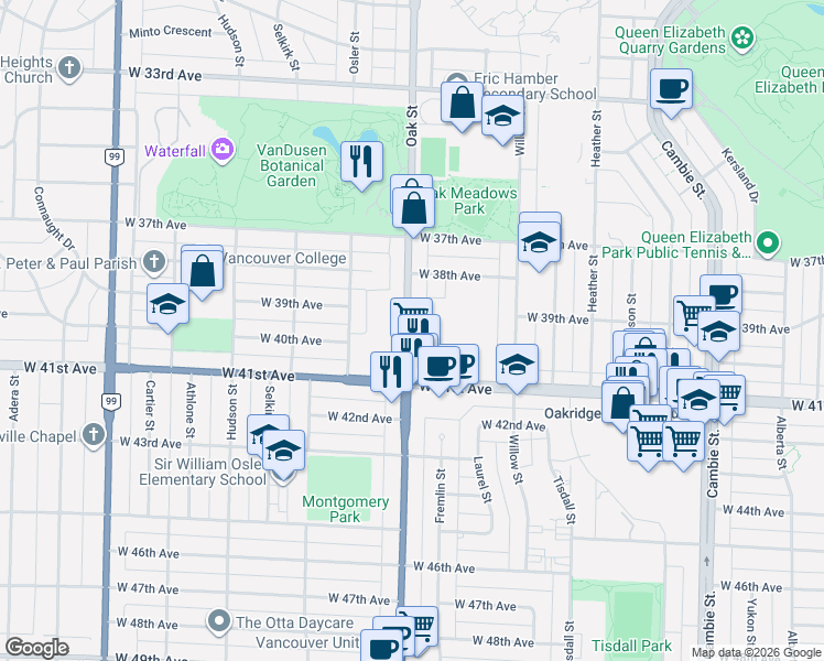 map of restaurants, bars, coffee shops, grocery stores, and more near 5552 Oak Street in Vancouver