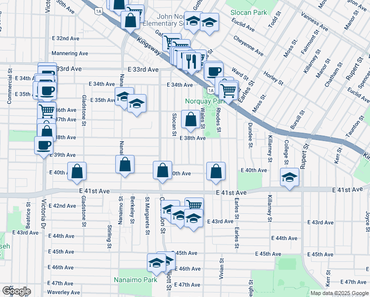 map of restaurants, bars, coffee shops, grocery stores, and more near 5455 Chambers Street in Vancouver