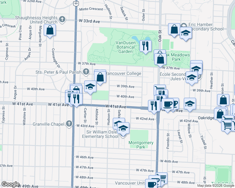 map of restaurants, bars, coffee shops, grocery stores, and more near 1239 West 40th Avenue in Vancouver