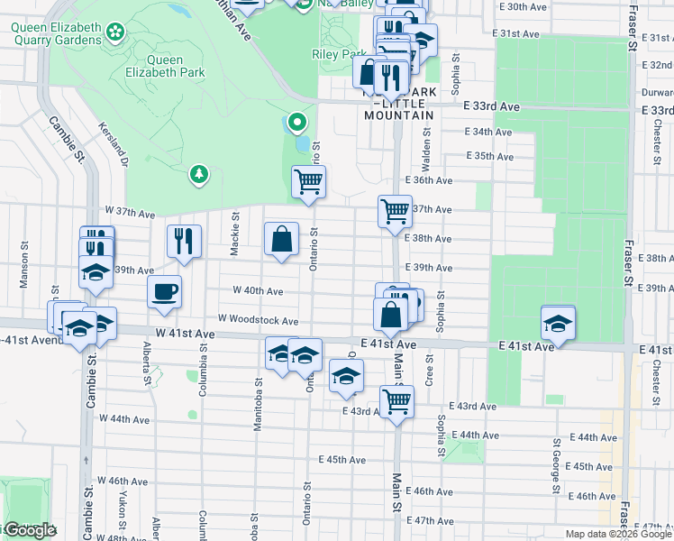 map of restaurants, bars, coffee shops, grocery stores, and more near 58 East 39th Avenue in Vancouver