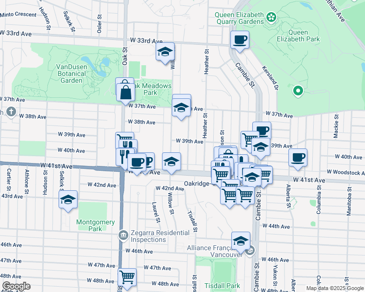 map of restaurants, bars, coffee shops, grocery stores, and more near 5445 Baillie Street in Vancouver
