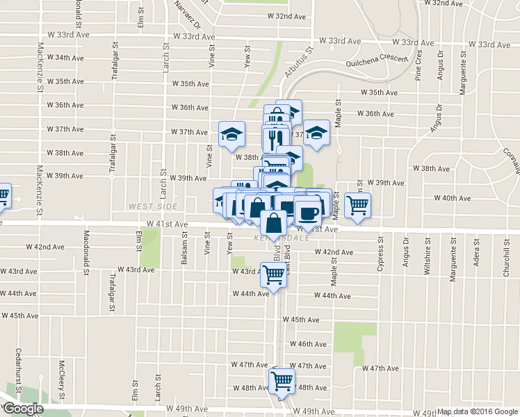map of restaurants, bars, coffee shops, grocery stores, and more near 5511 West Boulevard in Vancouver
