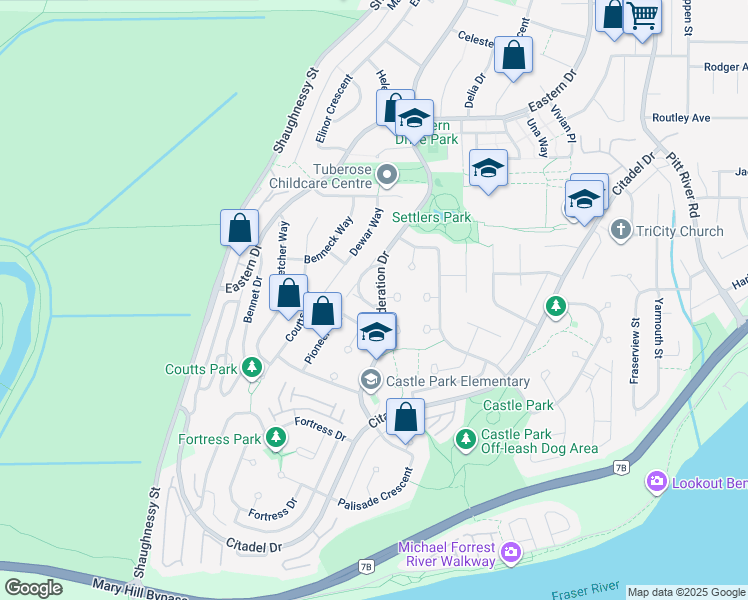 map of restaurants, bars, coffee shops, grocery stores, and more near 1207 Confederation Drive in Port Coquitlam