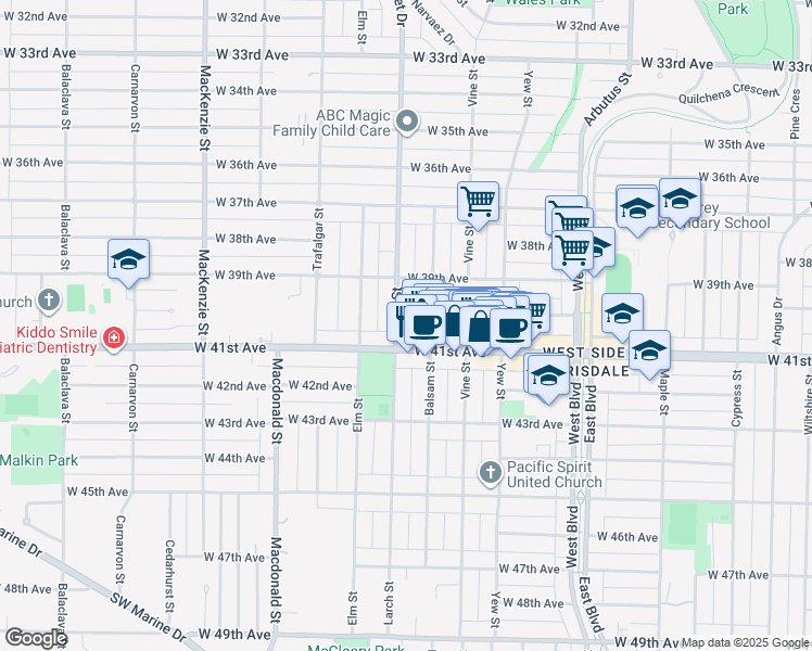 map of restaurants, bars, coffee shops, grocery stores, and more near 5626 Larch Street in Vancouver