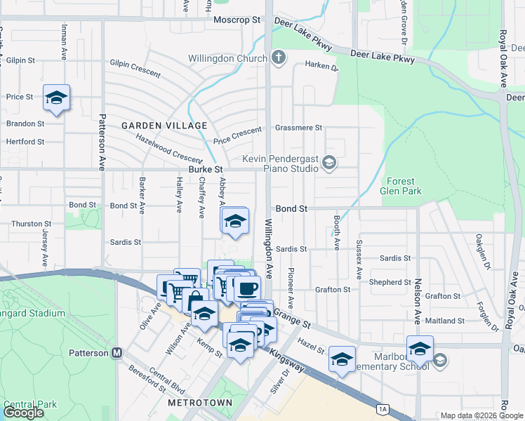 map of restaurants, bars, coffee shops, grocery stores, and more near 5399 Willingdon Avenue in Burnaby