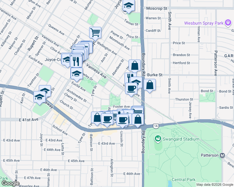 map of restaurants, bars, coffee shops, grocery stores, and more near 3663 Crowley Drive in Vancouver