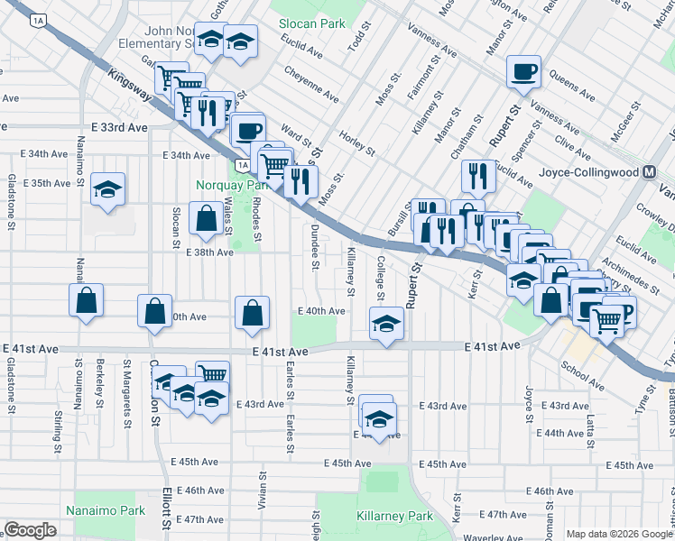 map of restaurants, bars, coffee shops, grocery stores, and more near in Vancouver