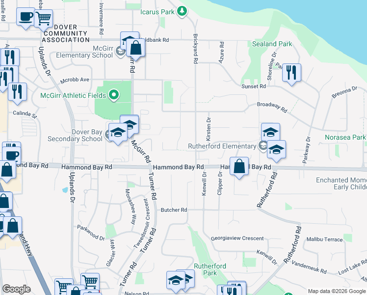 map of restaurants, bars, coffee shops, grocery stores, and more near 6104 Clayburn Place in Nanaimo