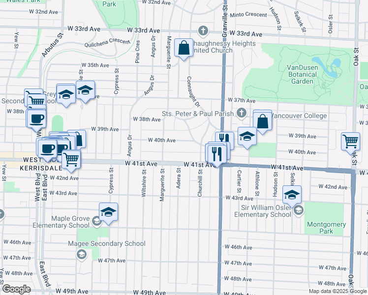 map of restaurants, bars, coffee shops, grocery stores, and more near 1650 West 40th Avenue in Vancouver