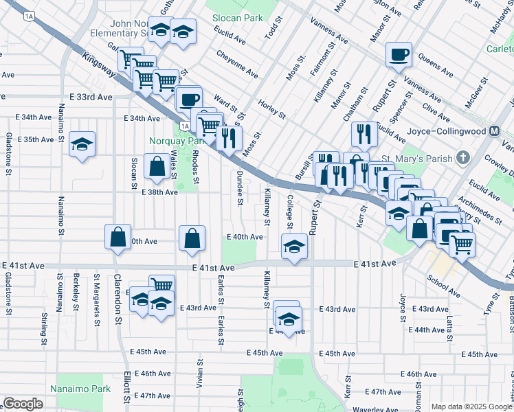 map of restaurants, bars, coffee shops, grocery stores, and more near 5447 Killarney Street in Vancouver
