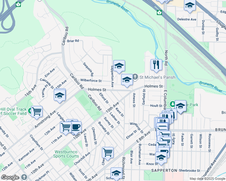 map of restaurants, bars, coffee shops, grocery stores, and more near 9260 Holmes Street in Burnaby
