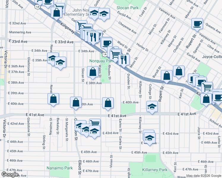 map of restaurants, bars, coffee shops, grocery stores, and more near 5440 Rhodes Street in Vancouver