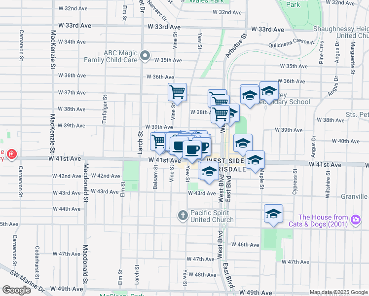 map of restaurants, bars, coffee shops, grocery stores, and more near 2238 West 40th Avenue in Vancouver