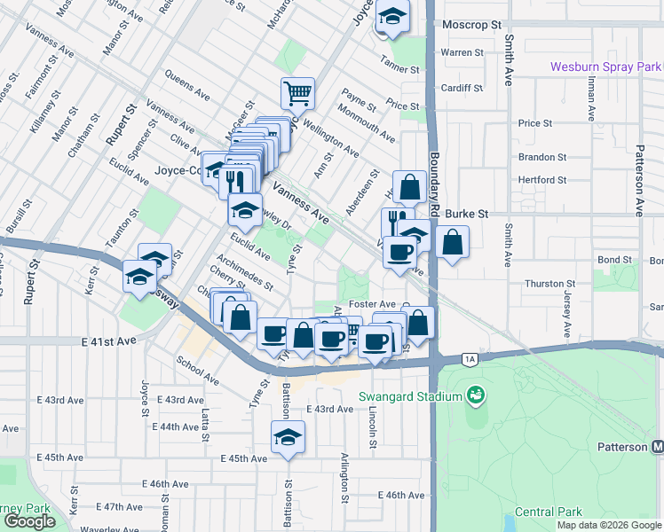 map of restaurants, bars, coffee shops, grocery stores, and more near 3588 Crowley Drive in Vancouver