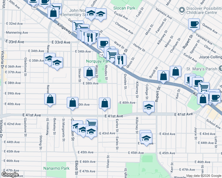 map of restaurants, bars, coffee shops, grocery stores, and more near 5442 Rhodes Street in Vancouver