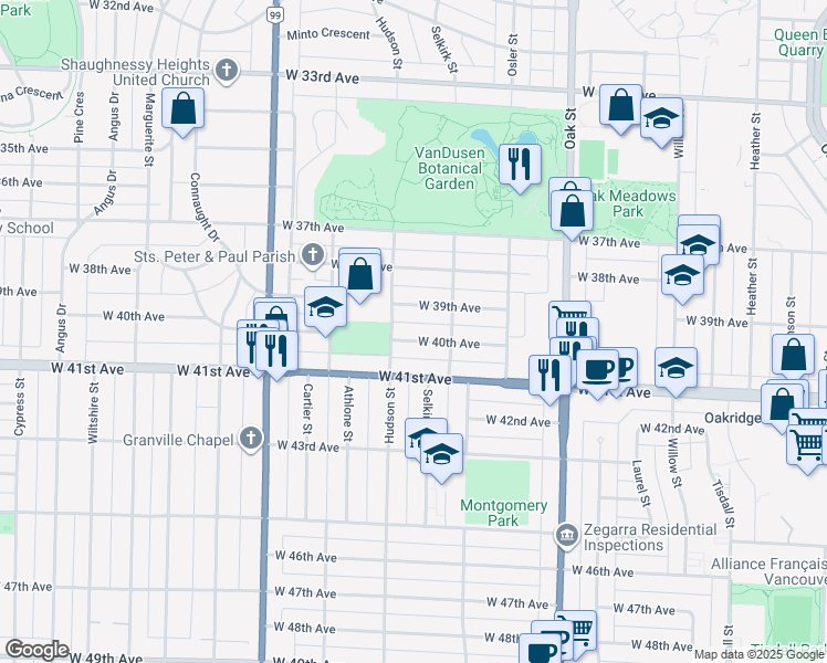map of restaurants, bars, coffee shops, grocery stores, and more near 1263 West 40th Avenue in Vancouver