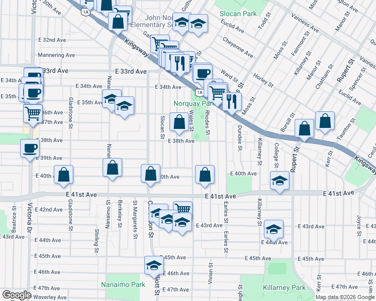 map of restaurants, bars, coffee shops, grocery stores, and more near 5455 Wales Street in Vancouver