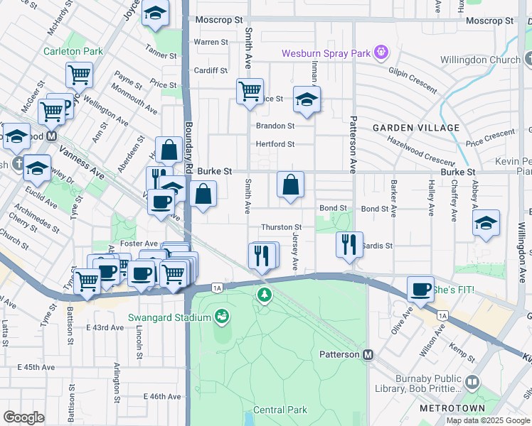 map of restaurants, bars, coffee shops, grocery stores, and more near 3850 Bond Street in Burnaby