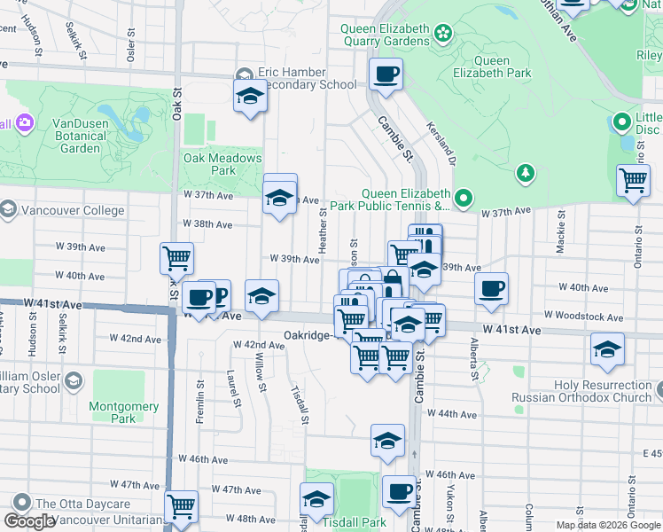 map of restaurants, bars, coffee shops, grocery stores, and more near 692 West 39th Avenue in Vancouver