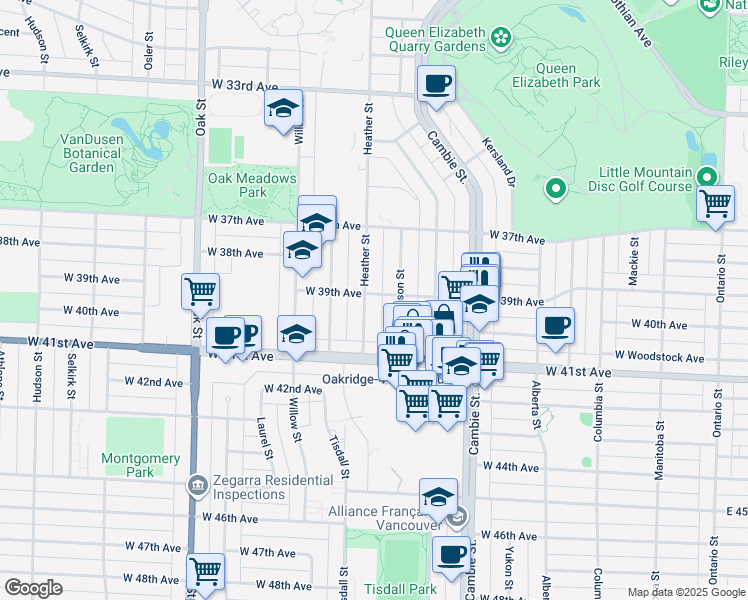 map of restaurants, bars, coffee shops, grocery stores, and more near 692 West 39th Avenue in Vancouver