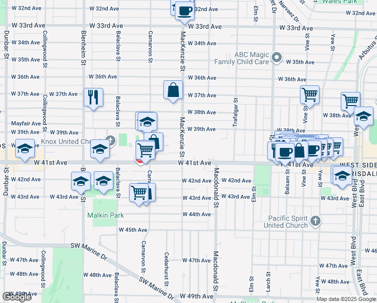map of restaurants, bars, coffee shops, grocery stores, and more near 5650 Mackenzie Street in Vancouver