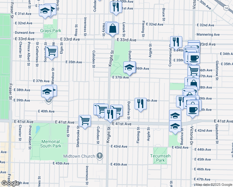 map of restaurants, bars, coffee shops, grocery stores, and more near 5433 Lanark Street in Vancouver