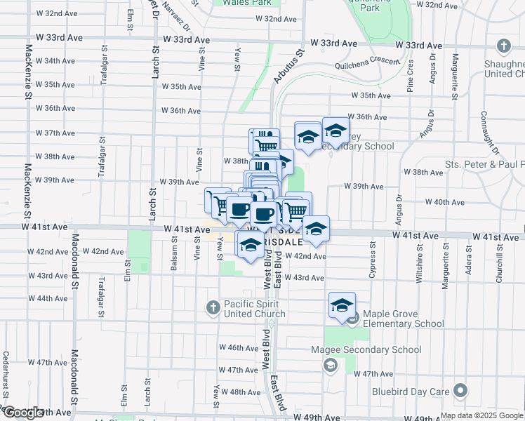 map of restaurants, bars, coffee shops, grocery stores, and more near 2128 West 40th Avenue in Vancouver