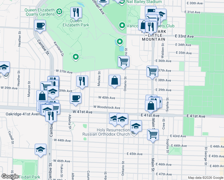 map of restaurants, bars, coffee shops, grocery stores, and more near 78 West 39th Avenue in Vancouver