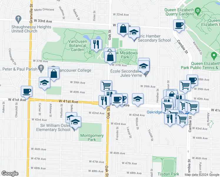 map of restaurants, bars, coffee shops, grocery stores, and more near 5550 Oak Street in Vancouver